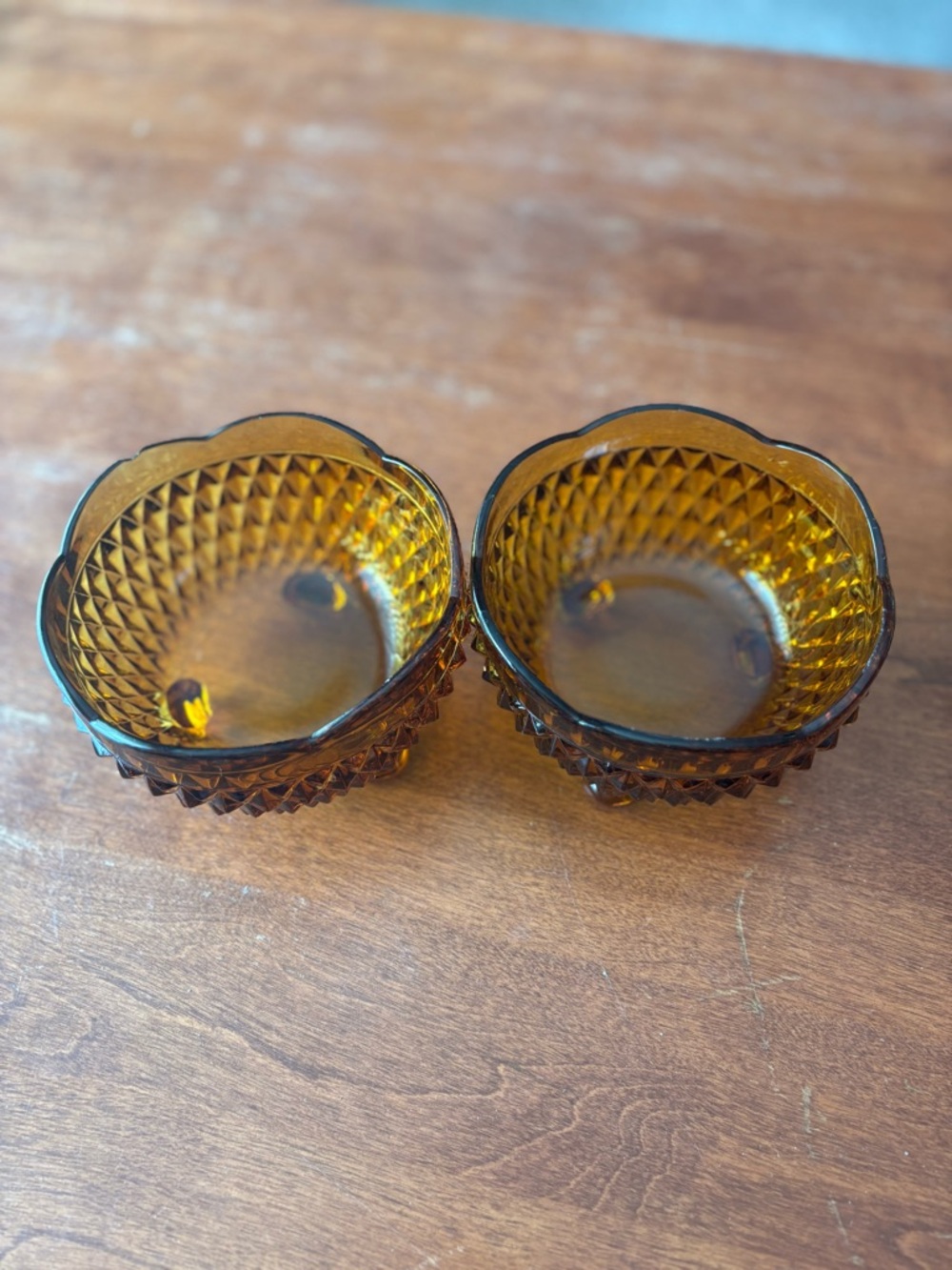 Vintage Indiana Glass Amber Diamond Point Footed Bowl set of 2